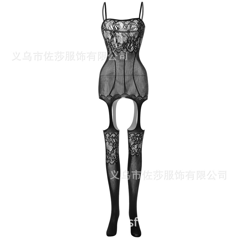 Sexy lingerie women's hollowed-out stockings tight mesh clothes one-piece hanging adjustable shoulder straps