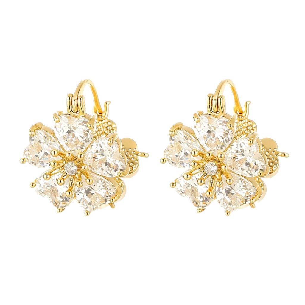 Double-Sided Zircon Cat Eye Flower Earrings, 16K Gold Plated, Super Shiny Versatile Jewelry
