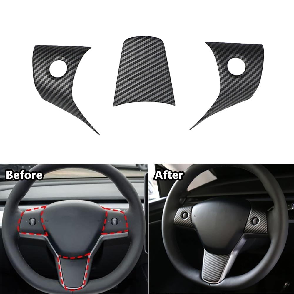 3Pcs Matte Carbon Fiber For Tesla Model Y 3 2017-2024 Car Steering Wheel Panel Cover Trim Stickers Frame Modification Accessorie