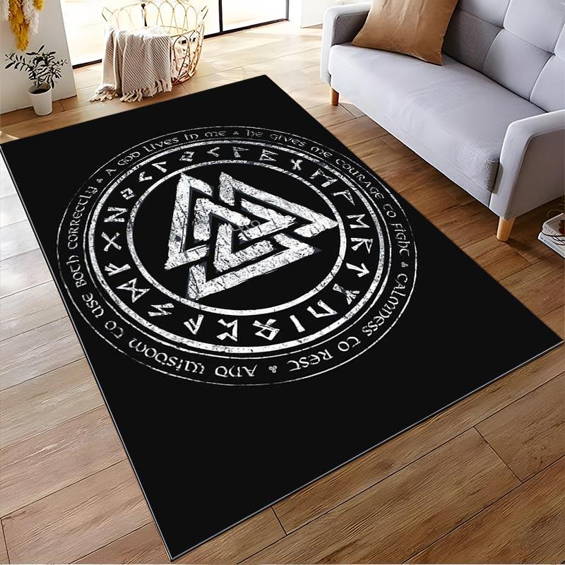 Viking Valknut Symbol Carpet with Runes, Black Nordic Decor Rug Suitable for use as an anti-slip for living room bedroom sofas