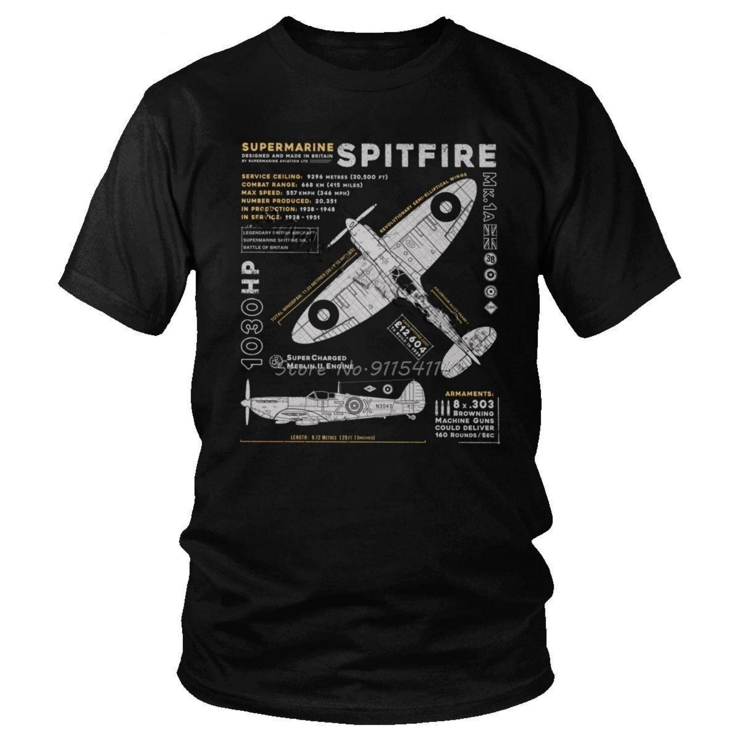 

Вінтажна футболка Supermarine Spitfire MK 1 Чоловіча бавовняна футболка з коротким рукавом Літак-винищувач Військовий пілот Літак Літак Футболка Подарунок XXXXXL чорний