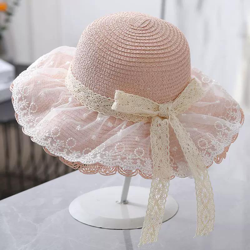 Children's Summer Sun Straw Hat Sunshade Little Girl Princess Lace Hat Big Brim with Rope Parent-child Hat Bag
