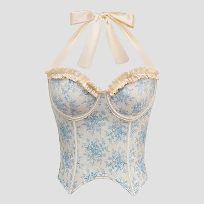 Top Corset Vintage Azul Floral de Cetim com Detalhe de Laço