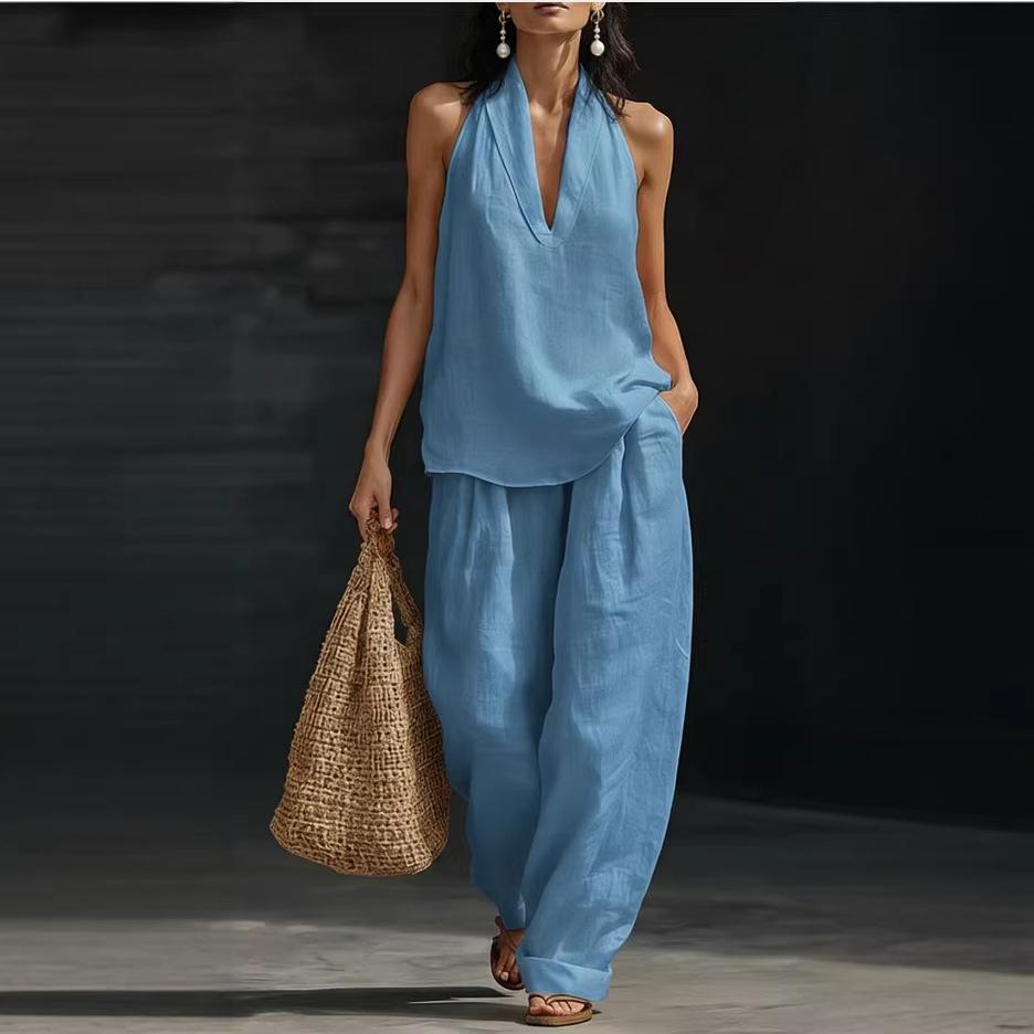 2026 sleeveless V-neck neck wide-leg pants suit women s summer casual fashion cover cross-border trendy summer women s suit S небесно-голубой