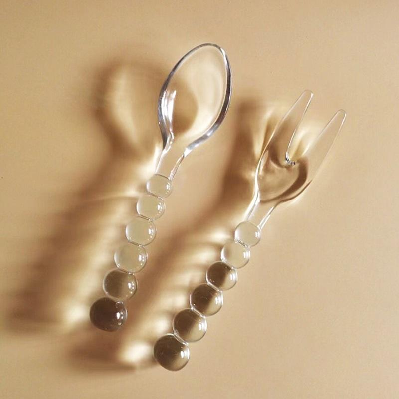 Glass Beads Pastry Glass Tableware Spoon Fork Creative Primary Color Pink Green Glass Spoon Spoon Household