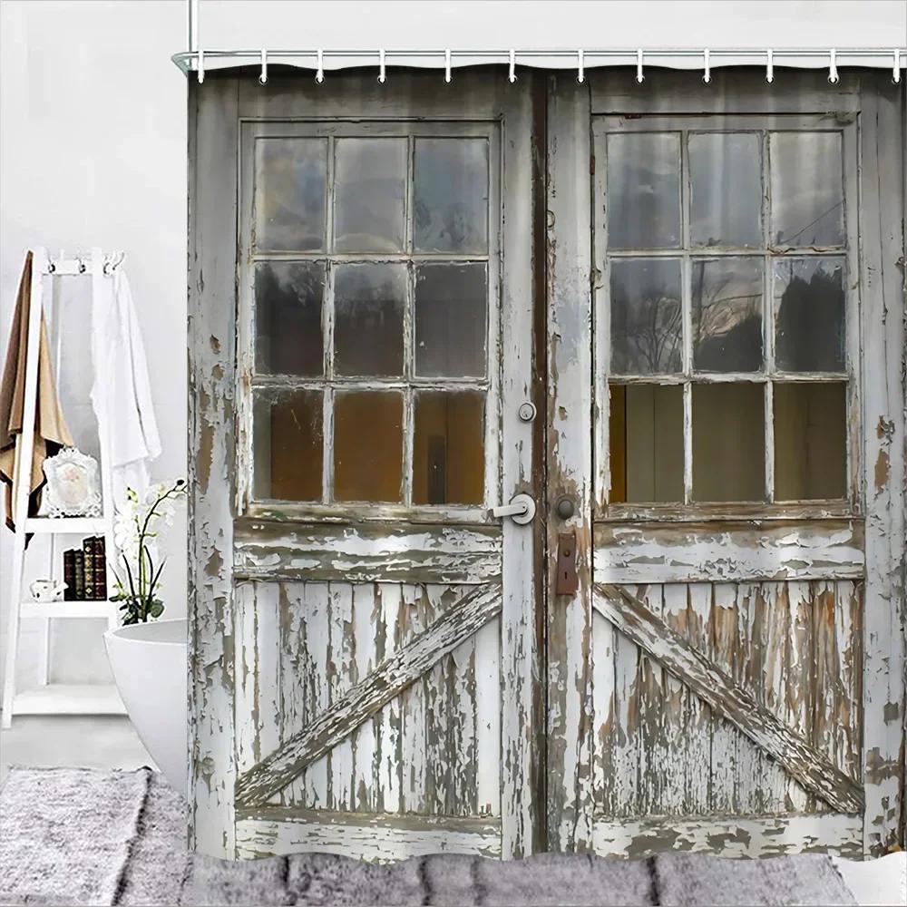 Rustic Wooden Barn Door Decor Shower Curtain For Bathroom Western Country Theme Vintage Rural Farm House Door Bath Curtains Set