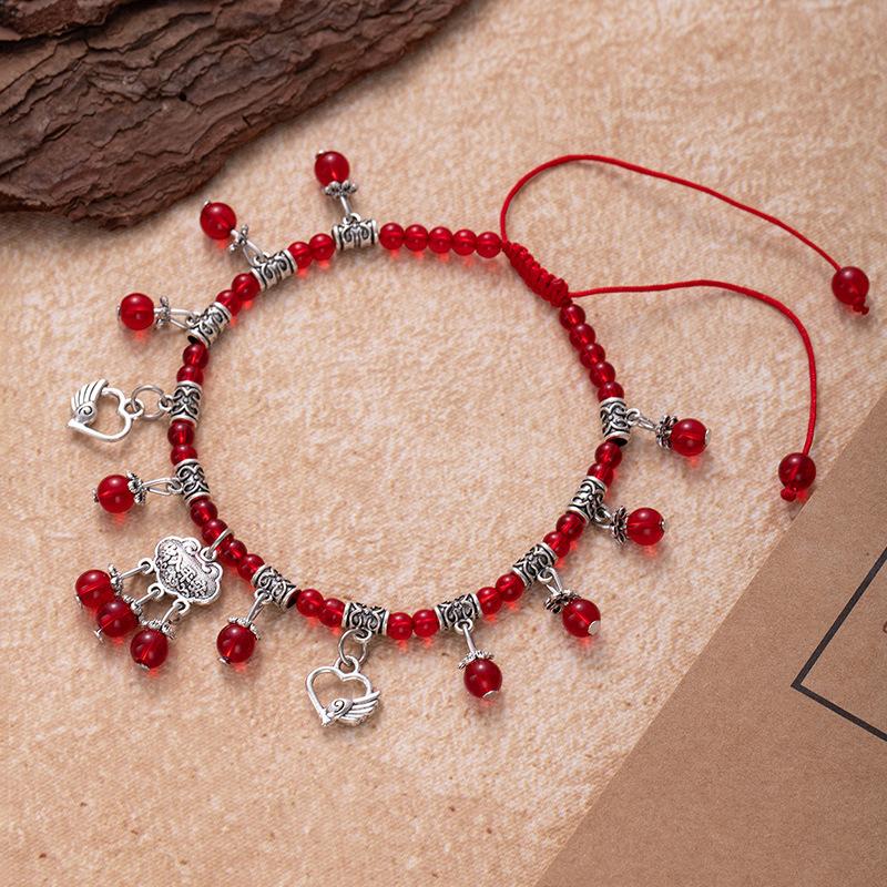 Red String Foot Chain Garnet Foot Accessory Long-life Lock Bell Handcrafted Beaded Accessory
