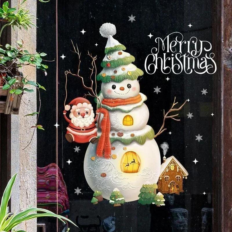 Christmas Series Window Glass Sticker Cartoon Snowman Pattern Home Living Room Wall Holiday Self-adhesive Decoration Accessories
