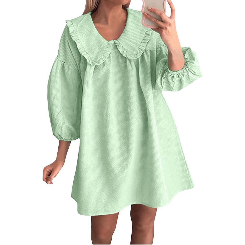 Women's Fashionable And Casual Puff Sleeve Lapel Doll Collar Loose Dress