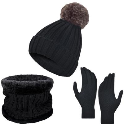 3pcs Set Hat Winter Knitted Hat Big Hair Ball Warm Pile Intensification Boys and Girls Winter Knitted Hat Scarf and Gloves