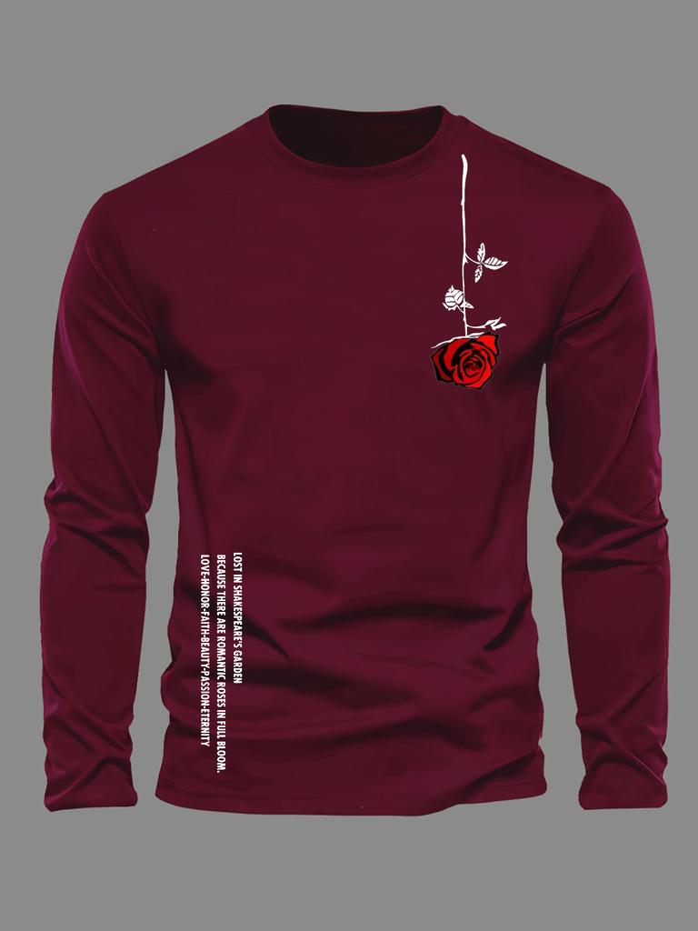 Herren Langarm Rundhals Locker Freizeit Rose Buchstaben Aufdruck Frühling und Herbst Vielseitig T-Shirt Top