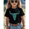 European Size Girls Round Neck Short Sleeved T Shirt with A Bull Head and Floral Pattern