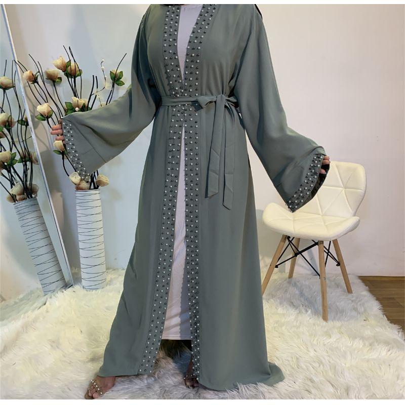 

Fashion Solid Color Beaded Muslim Cardigan Lace-up Dress Green M