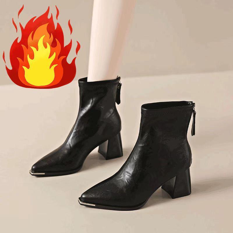 

2025 French Black Leather Pointed Toe Ankle Boots - Autumn/Winter High Chunky Heel Fashion Default Option