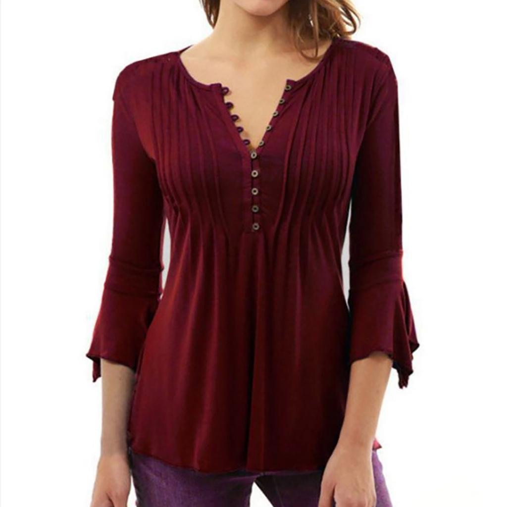 Women Summer Casual Solid Color Button Flared Sleeves T-shirt Top Blouse