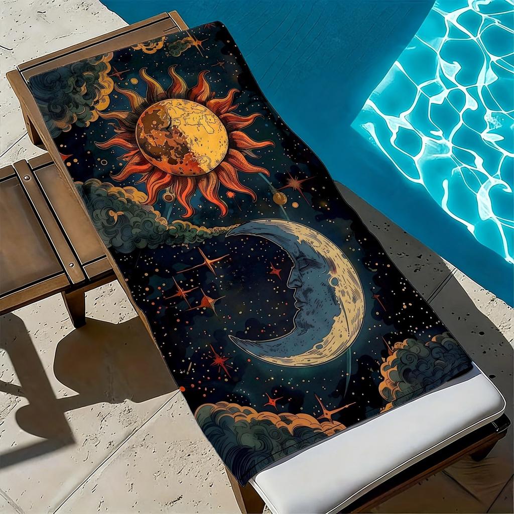 Retro sun, moon and star pattern polyester microfiber beach towel is highly absorbent, suitable for swimming and beach outings