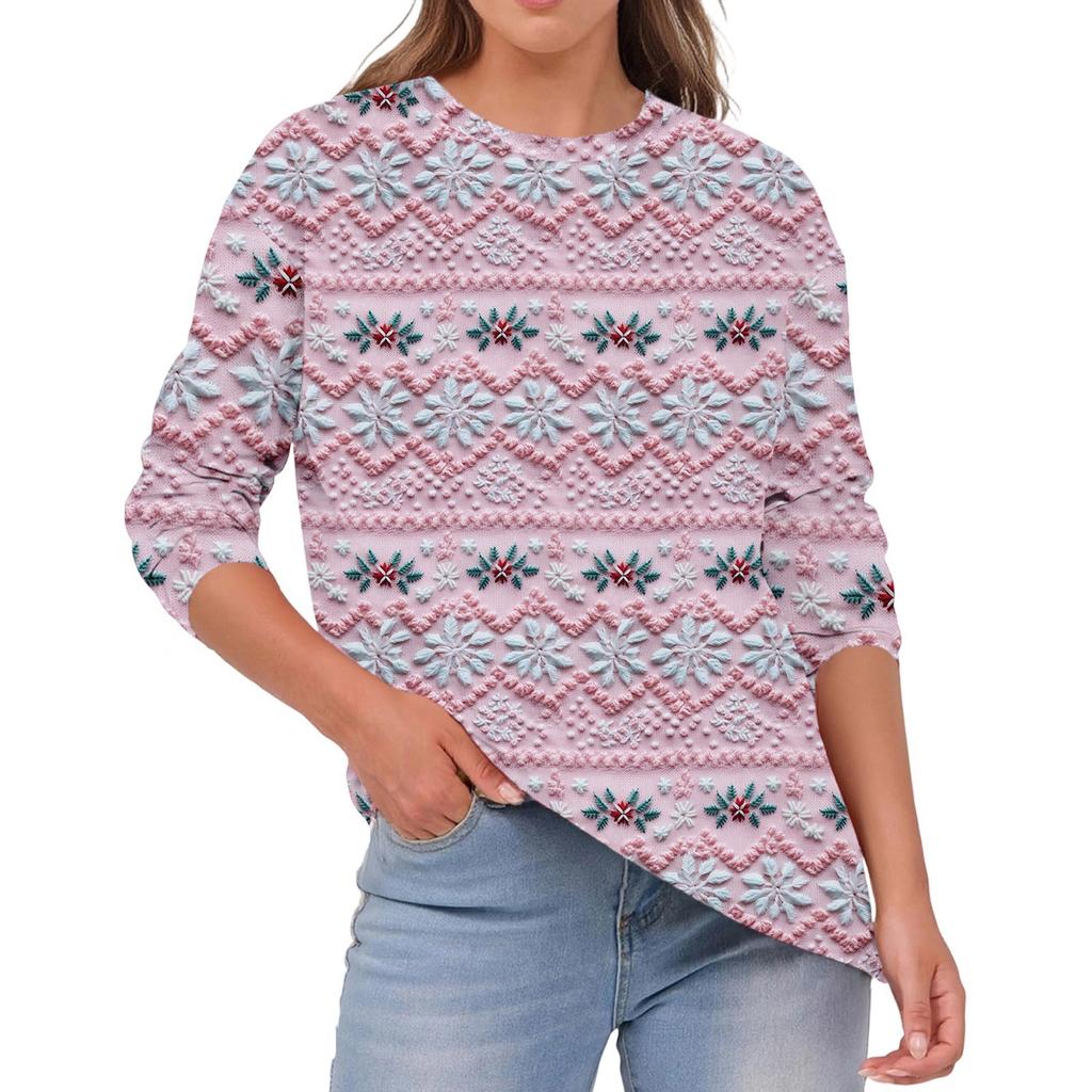 Women's Fashion Casual Christmas Print Round Neck Solid Color Long Sleeve Top