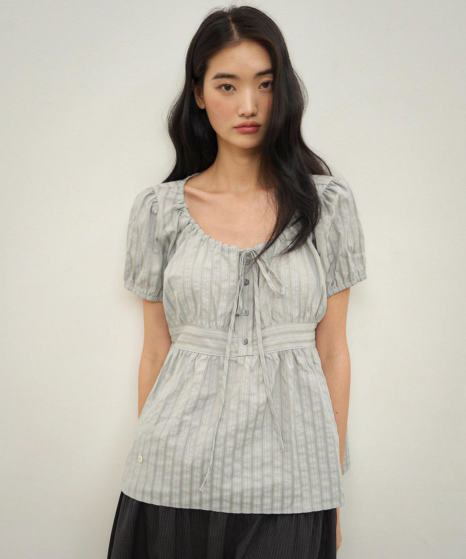 Auro Stripe Puff Blouse [ Gray ]