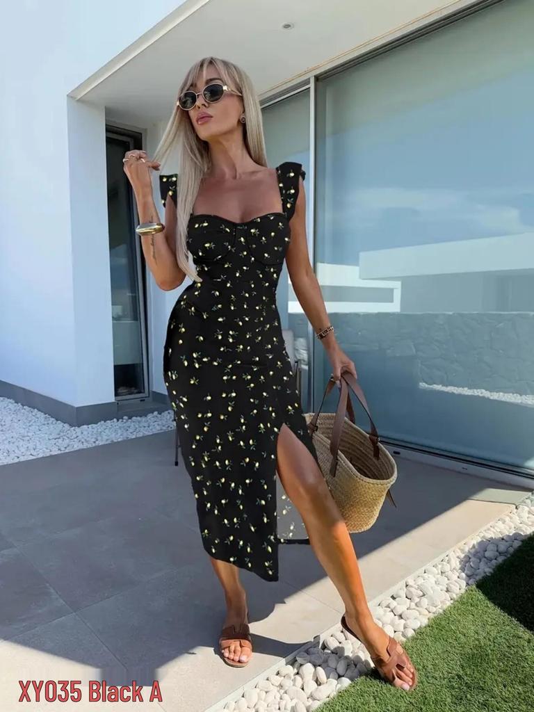 2025 Summer French Floral Midi Dress with Elegant Sling and Slit Design