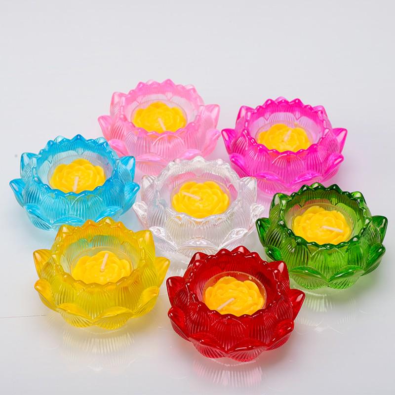 Porta candela in ghee a forma di loto di cristallo a sette colori per offerte a Buddha