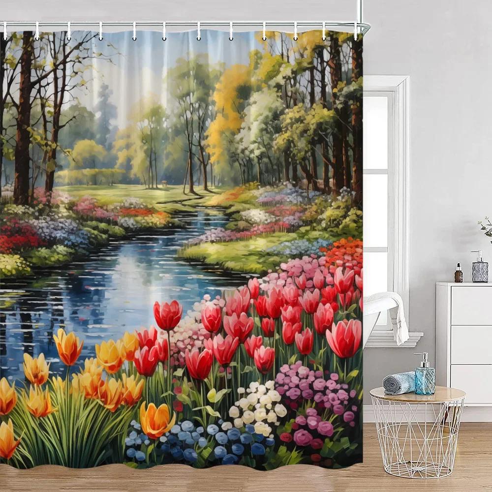 Colorful Flowers Green Plants Shower Curtain Trees Spring Landscape River Tulip Bathroom Curtain Polyester Bathroom Decoration