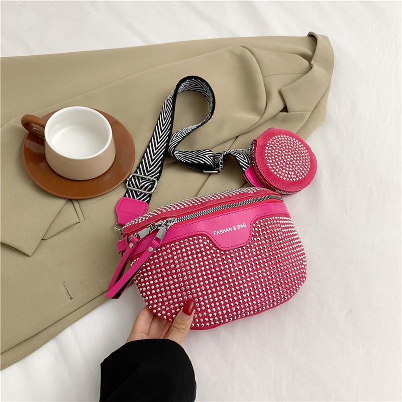 

2025 new popular bag simple and fashionable rhinestone shoulder bag messenger bag saddle bag tide rhinestone bag mother and child bag рожевий червоний колір