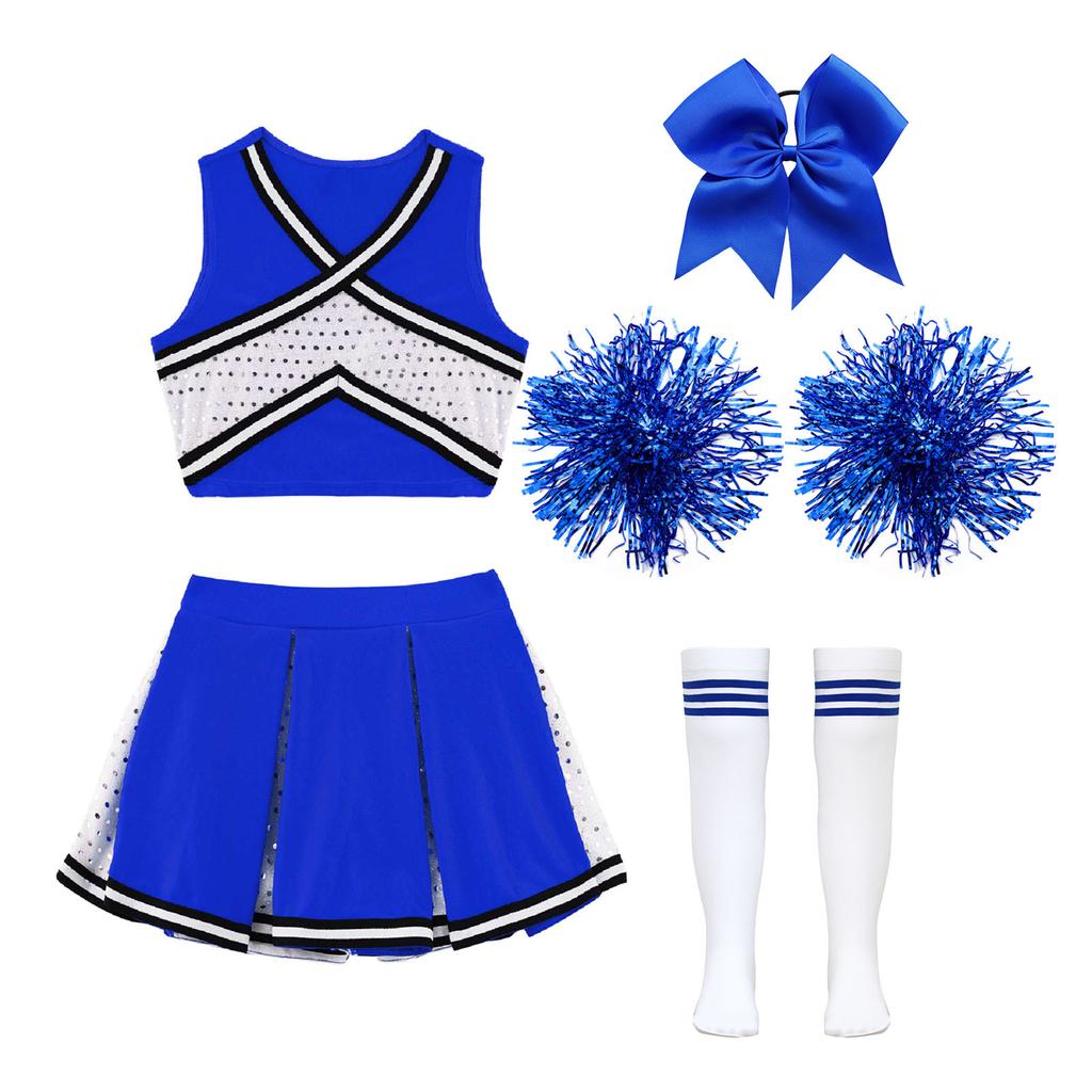 Set Cheerleader Scintillante per Bambine Top Corto a V a Righe Incrociate Gonna Pieghettata e Fiocco