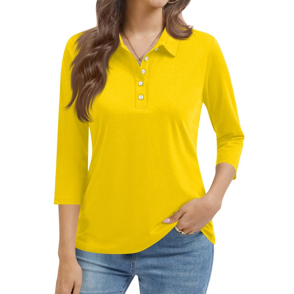 Women's Fashion Casual Lapel Short 3/4 Sleeve Color Shirt Women's Button Up Tops