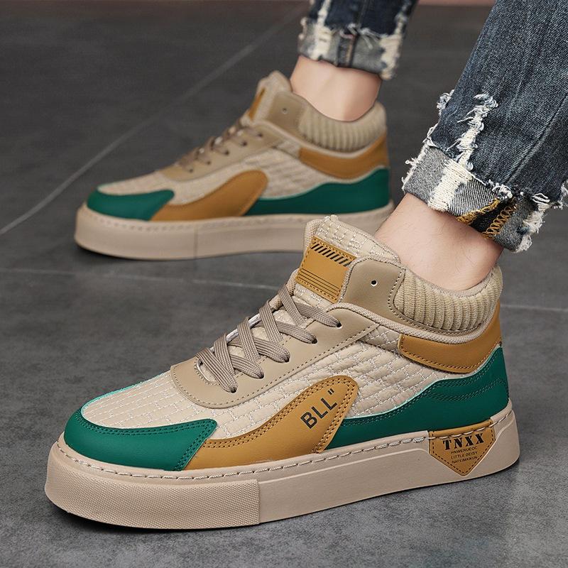 High-top board shoes men's autumn 2024 new casual flat men's shoes stitching versatile sports trendy shoes students and teenagers