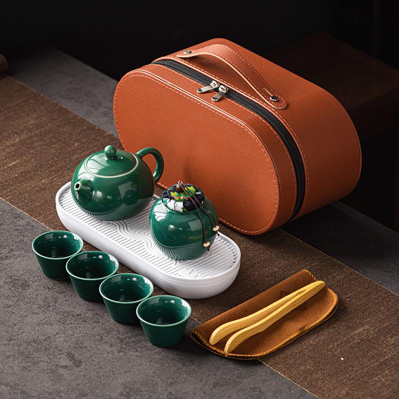 Ge kiln ceramic kung fu tea set, one pot of four cups, outdoor portable travel tea set, teacup gift souvenir