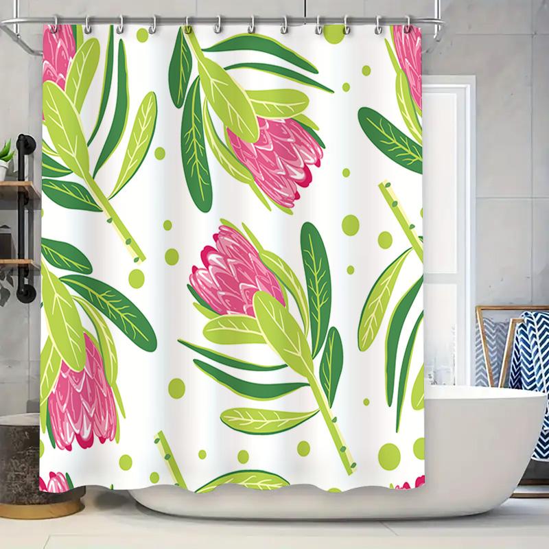 

Waterproof Polyester Fabric Shower Curtain Featuring Pink Flowers And Green Leaves Decorative Bathroom Accessory For Home Decor W60H190(CM)-1 Pcs