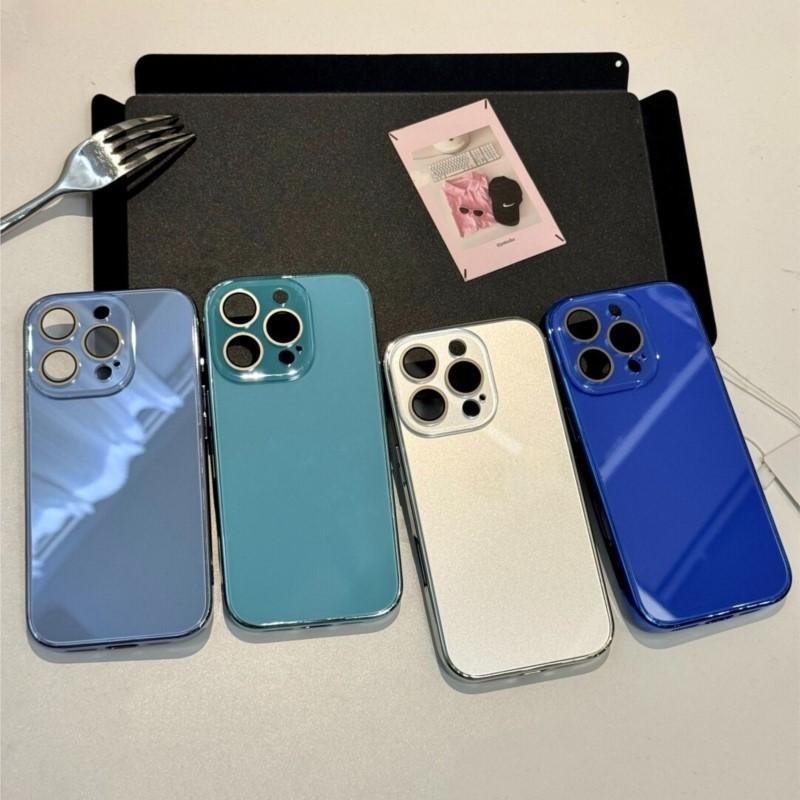 Tempered Glass Glossy Case for iPhone 17 16 15 Plus 14 13 12 Pro Max Plating Bumper Shockproof Hard Back Lens Cover Funda