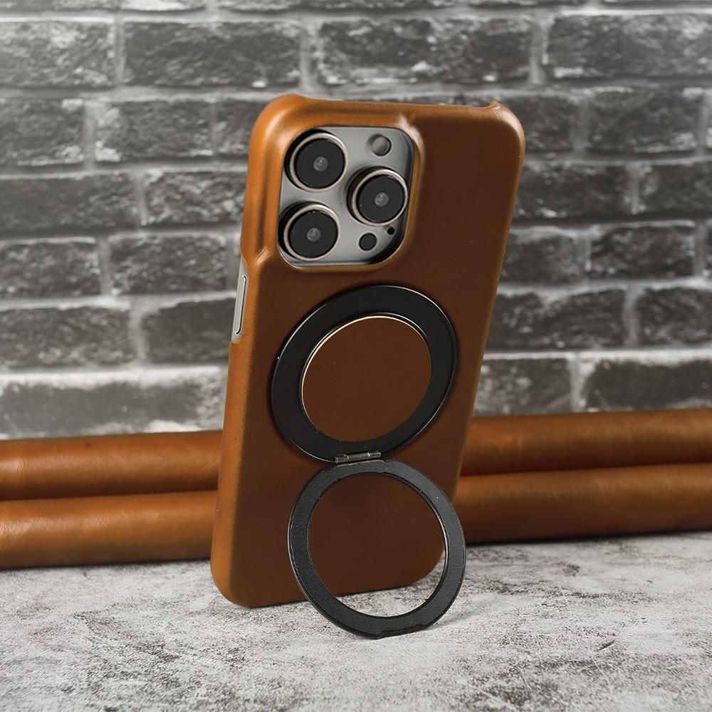Luxury 360° Rotating Magnetic Holder Genuine Leather Case For 15 Pro Max 16Pro 14Pro 13 12 11 Magsafe Charging Back Cover