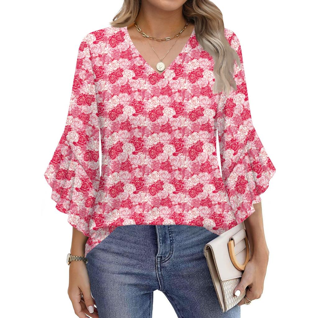 Blouses For Women Dressy Casual 3/4 Length Sleeve Womens Tops V Neck Tshirts Shirts With Flared Sleeve