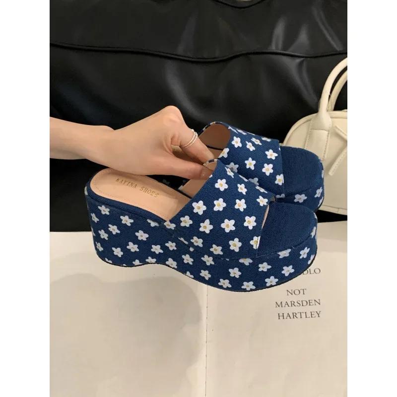 Blue Heels Sandals Women Slippers Beige Flowers Platform Chunky Heels 9cm Sandals Summer Shoes Women Zapatos De Mujer 2025