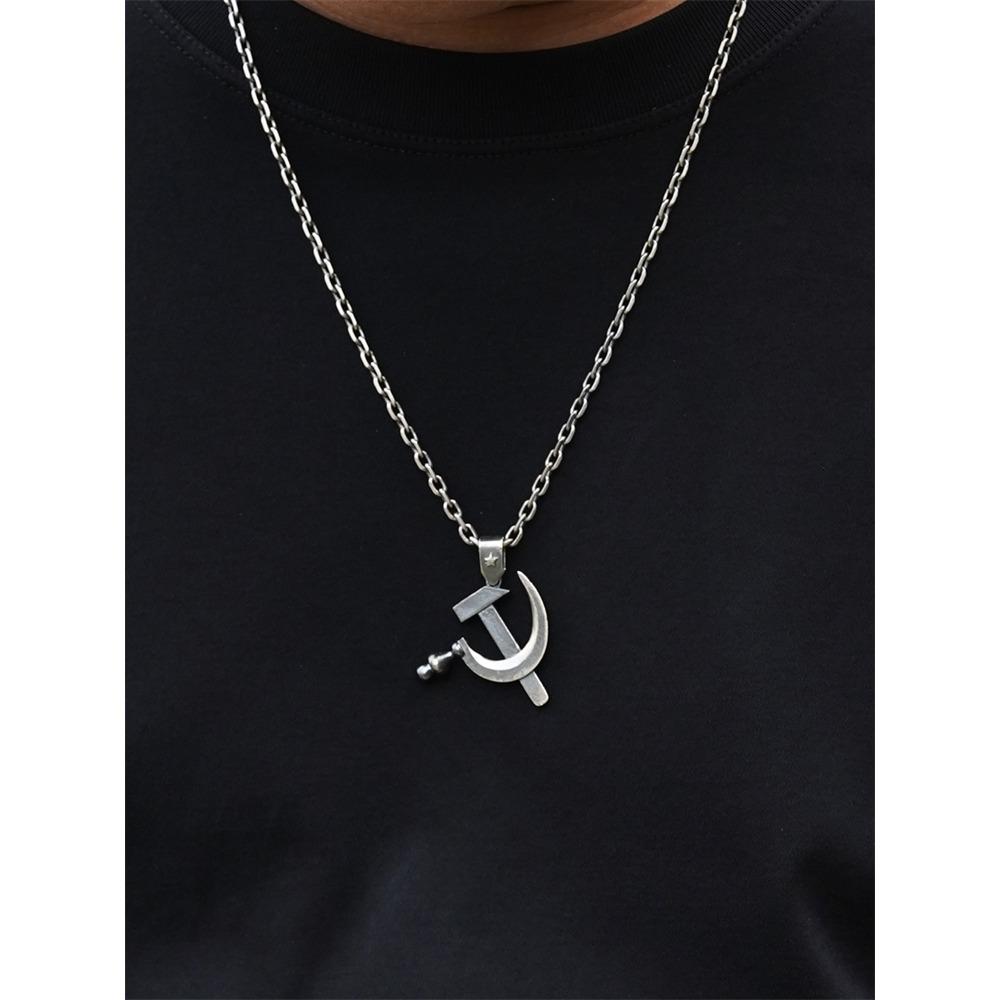 Prata de lei S925 feita à mão, pingente de foice e martelo, tendência nacional personalizada, pingente de colar para casal masculino comunista