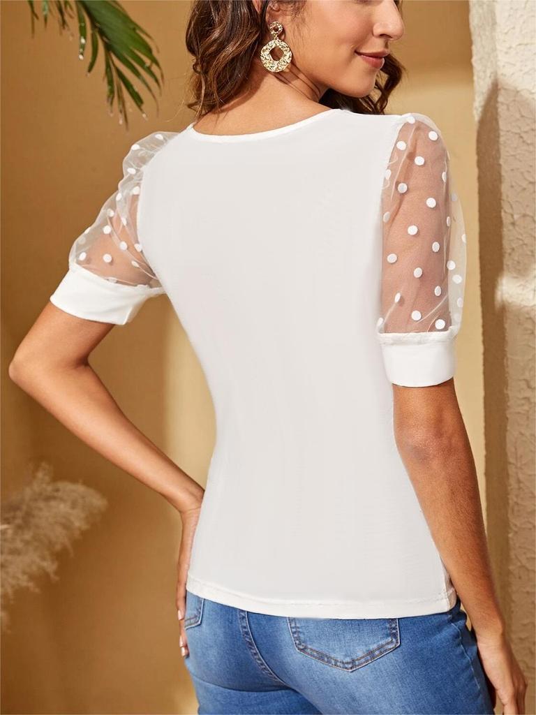 2025 Spring/Summer Women's Mesh Polka Dot Patchwork Slim-Fit Round Neck T-shirt