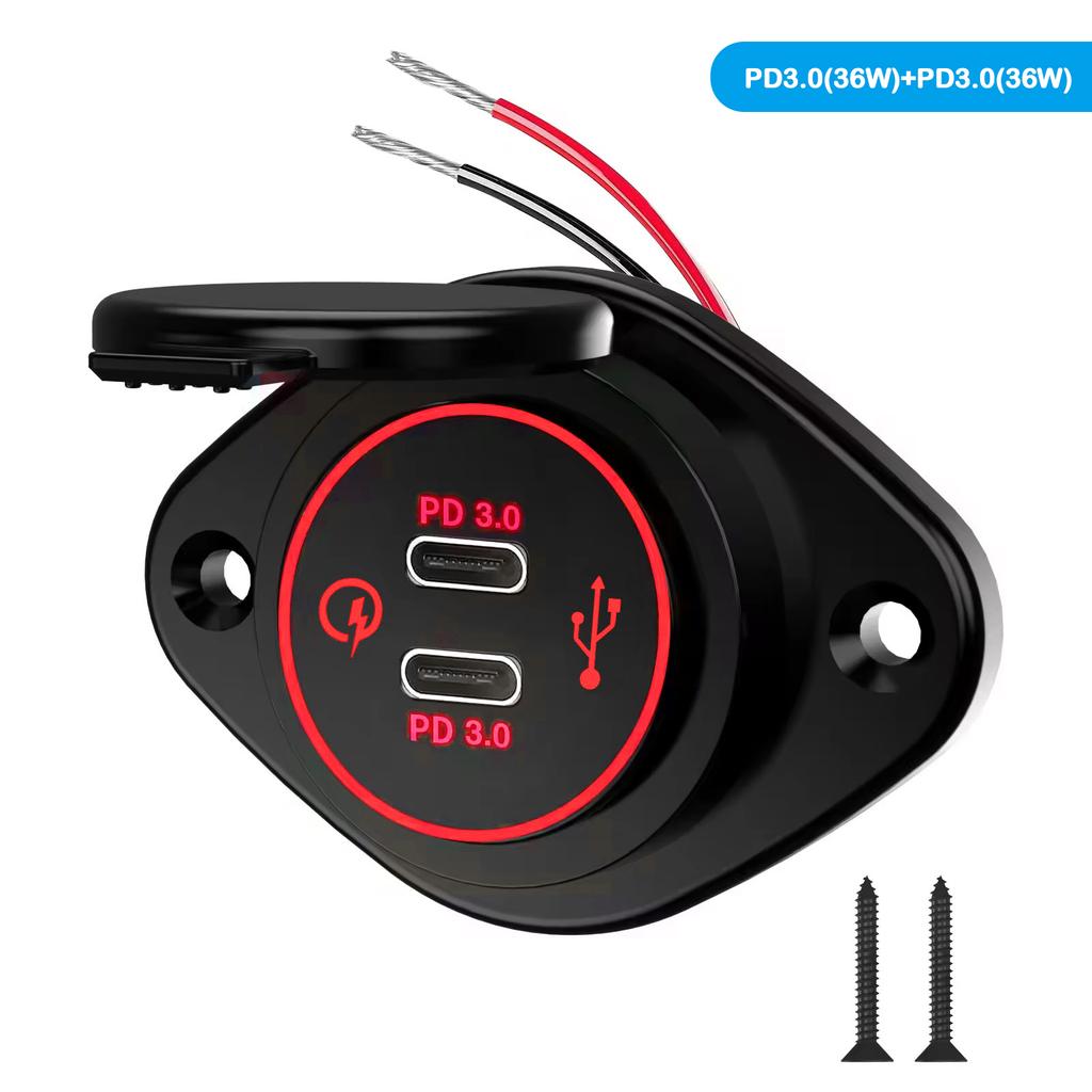 12V Quick Charge 3.0 Dual USB C Charger Power Socket Adapter Fast Charging Panel Wall Mount Outlet for Motorbike Car Boat Camper