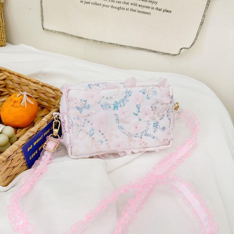 Adorable Korean Style Sequin Crossbody Bag For Kids With Floral Design And Breathable Nylon Material