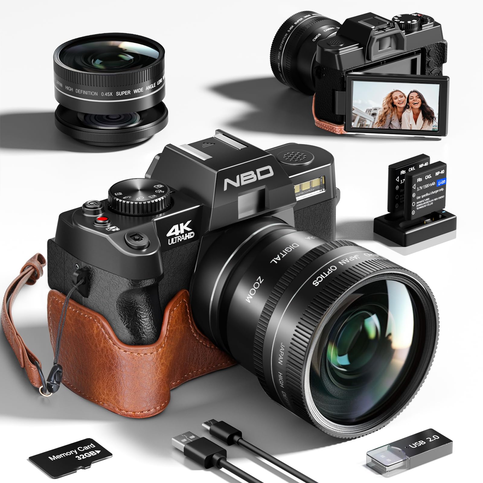 

NBD 4K 48MP Digital Camera with Leather Half Case App Macro 16x AF SLR Camera LED Flash Webcam Function 32GB microSD Card Two Included [WiFi Control,