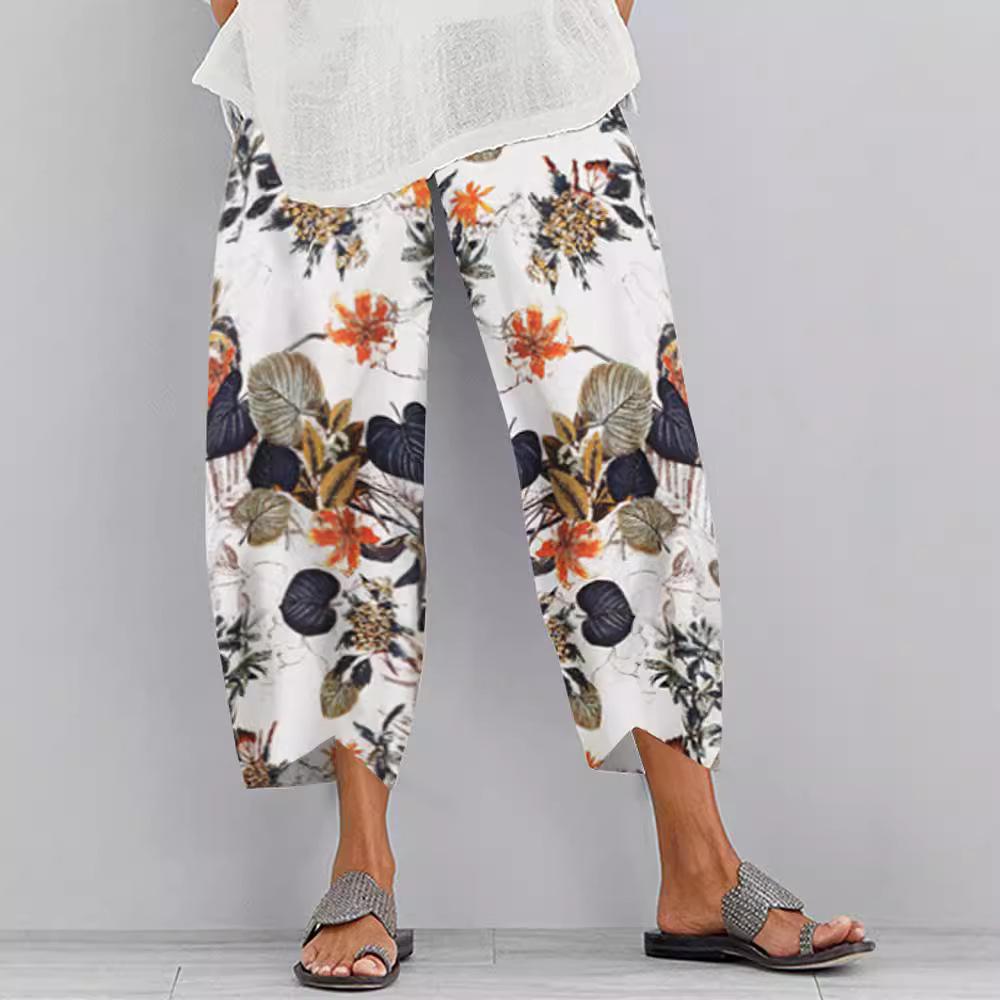 

Women s Summer Harem Trousers Elasticat Waist Boho Retro Print Cropped Pants with Pockets S