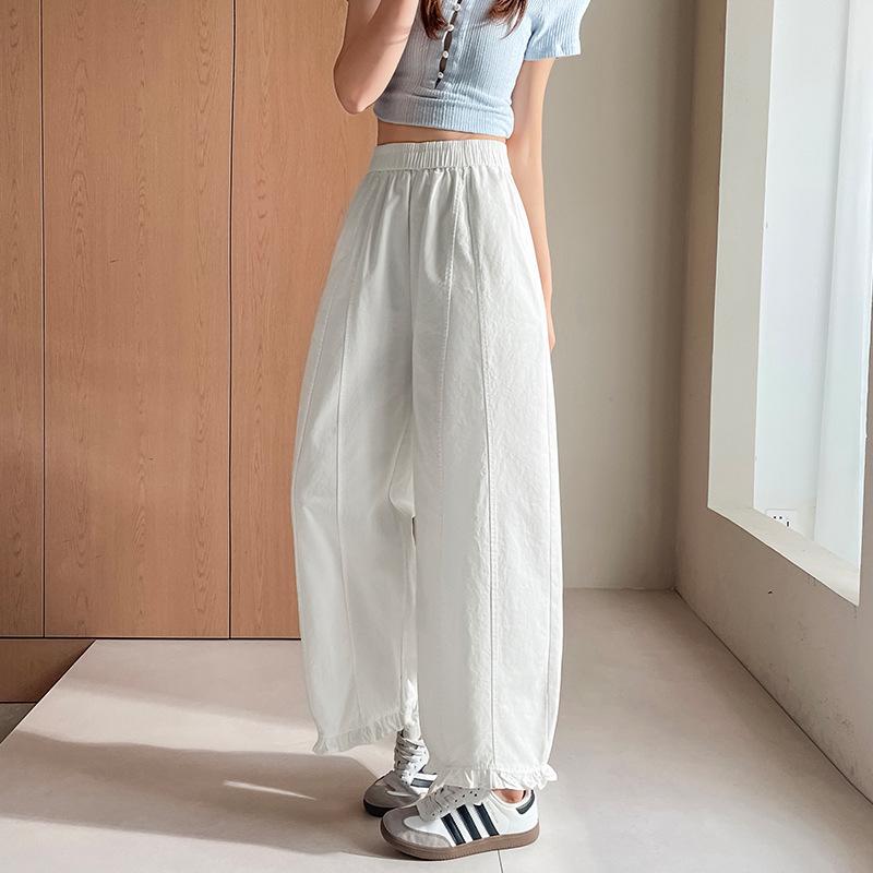 

2025 Spring Korean Style Elastic Waist Ruffle Wide Leg Cropped Pants for Women L белый