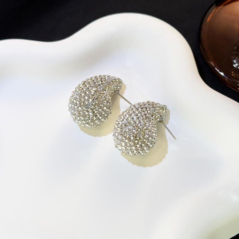 Temperament Rhinestone Stud Earrings Women'S Fashion Retro Super Flash Semi-Round Water Drop Earrings High-End Full Diamond Light Luxury Earrings