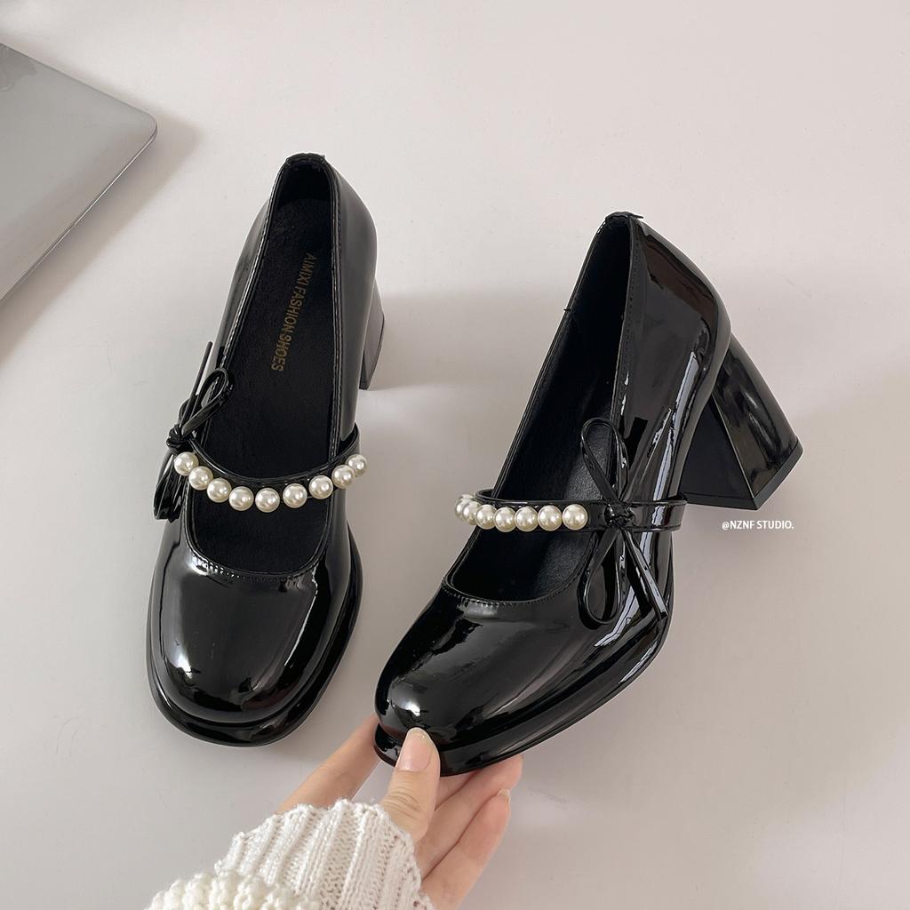 Black French Retro Rough High Heel Light Mouth Single Shoes Women's 2025 New Summer with Skirt Bow Mary Jane Shoes