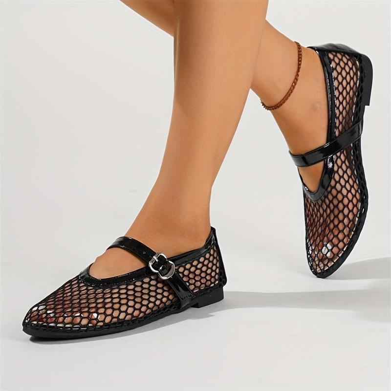 Fashion Flat Shoes Spring New Round Head Shallow Mouth Mesh Cloth Breathable Metal Buckle Line with Soft Sole Non-slip Single Shoes