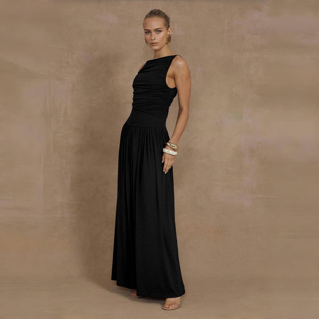 LYRIA Elegant Sleeveless Maxi Dress for Women Fashion Solid Boat Neck Tank Dresses Ladies Sexy Ruched Long Dress New Gown
