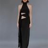 European and American Style New Sexy Hollow Backless Splicing Strap Long Split Neck Dress Women