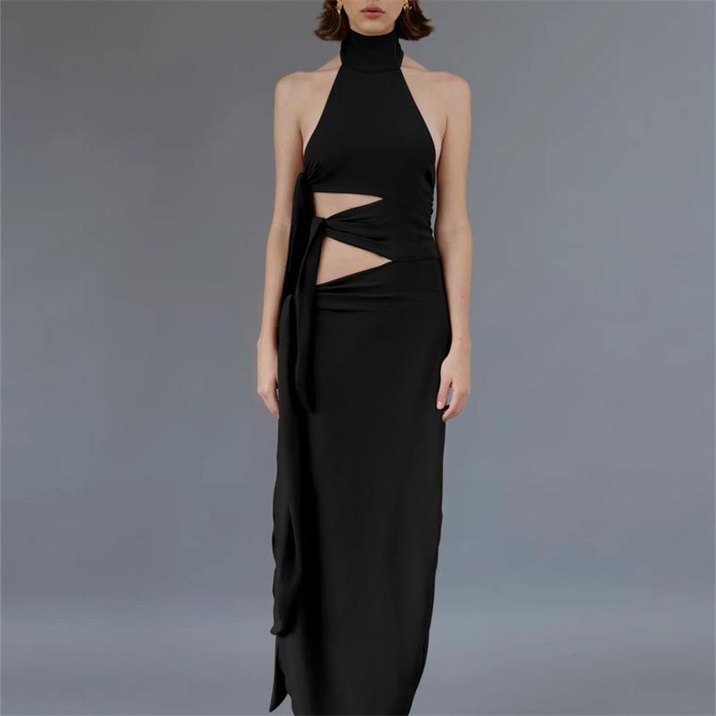 European and American Style New Sexy Hollow Backless Splicing Strap Long Split Neck Dress Women