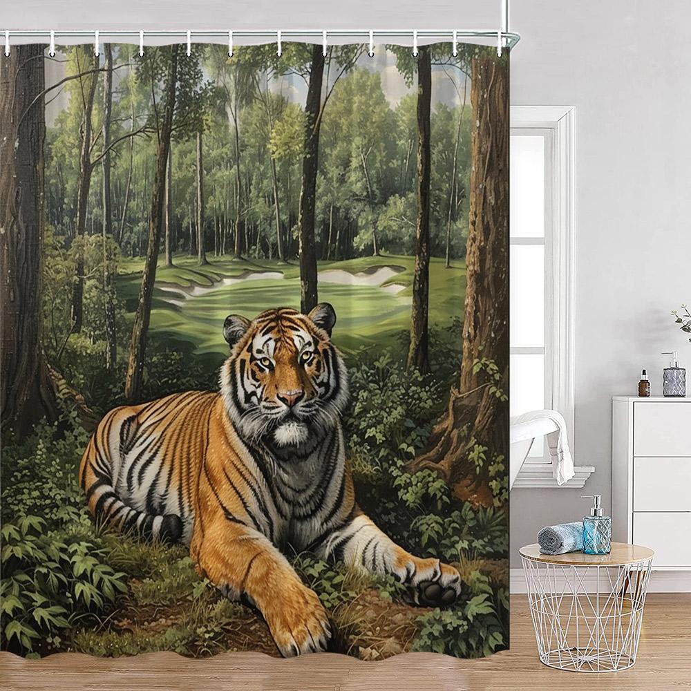 Záclona do sprchy Divoká zvířata Tygr Les Elegantní Panter Zelené Rostliny Růže Květinová Domácí Dekorace do Koupelny Polyesterová Koupelnová Záclona