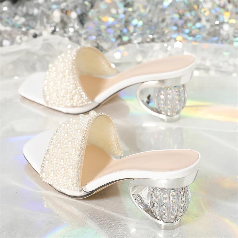 Eilyken Street Style PVC Transparent Pearl Women Slippers Open Toe Crystal Diamond Round Heels Female Shoes